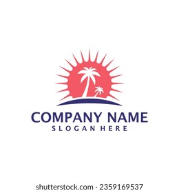 Summer Travel logo design vector. Coconut tree with Beach and Sun logo design template concept