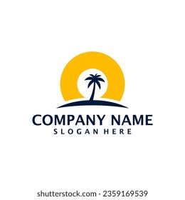 Summer Travel logo design vector. Coconut tree with Beach and Sun logo design template concept