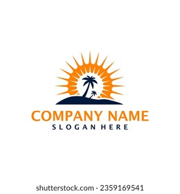 Summer Travel logo design vector. Coconut tree with Beach and Sun logo design template concept