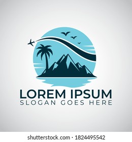 summer travel logo icon vector template. palm tree and mountain vector design.