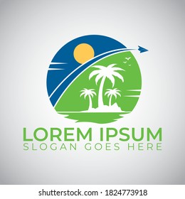 summer travel logo icon vector template. palm trees and airplane vector design.