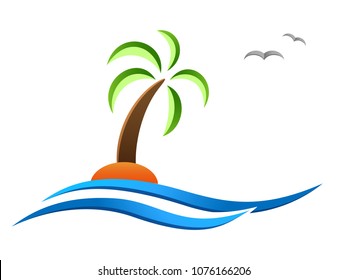 summer and travel - logo with palm tree and sea wave