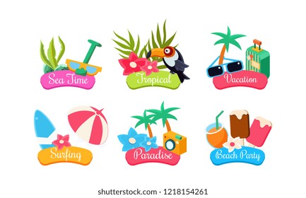 Summer travel logo template set, sea time, tropical, vacation, surfing, paradise, beach party bright labels vector Illustration on a white background