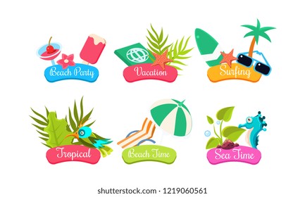Summer travel logo template set, beach party, vacation, surfing, tropical, beach time, sea time bright labels vector Illustration on a white background