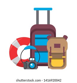 Summer and travel luggage backpack and float with camera cartoons vector illustration graphic design