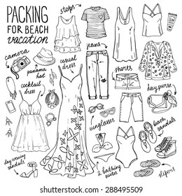 Summer travel luggage. Packing for beach vacation. Woman clothing set. Vector hand-drown objects illustrations. Black and white fashion collection.