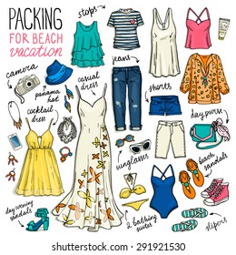 Summer travel luggage. Packing for beach vacation. Woman clothing set. Vector hand-drown objects illustrations.Sketch fashion collection.