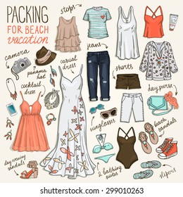 Summer travel luggage. Packing for beach vacation. Woman clothing set. Vector hand-drown objects illustrations.Sketch fashion collection.