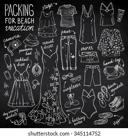 Summer travel luggage. Packing for beach vacation. Female clothing set. Vector hand-drown objects illustrations. Black and white fashion collection on chalkboard.