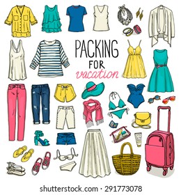 Summer travel luggage. Packing for vacation. Woman clothing set. Vector hand-drown objects sketch. Fashion collection.