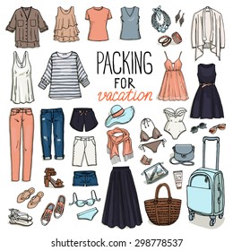 Summer travel luggage. Packing for vacation. Woman clothing set. Vector hand-drown objects sketch. Fashion collection.