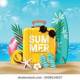 Diseño vectorial de equipaje de viaje de verano. Texto de vacaciones de verano en maleta amarilla con tabla de surf, flotadores, flipflop y elementos de hojas en el fondo de playa junto al mar para el concepto de temporada tropical. Vector 