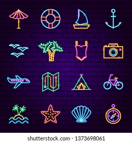 Summer Travel Neon Icons. Vector Illustration of Vacation Promotion.