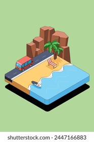 Summer travel on beach isometric flat design style with nature scene, car on rural road, chair and surfboard on beautiful beach, vector illustration