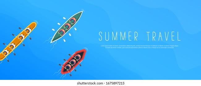Summer travel on boat. Fishing boat, small steamer, modern luxury yachts for sea walks and simple motor boat stand on water surface. Top view sea walk in yacht. Vector illustration, EPS 10. svg