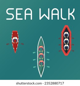 Summer travel on boat. Fishing boat, small steamer, modern luxury yachts for sea walks and simple motor boat stand on water surface. Top view sea walk in yacht. Vector illustration for text.