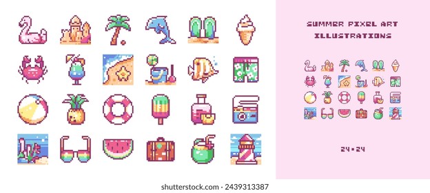 Summer Travel Pixel Art Set: 8bit Beach Vacation - Luggage, Palm Tree, Coconuts, Camera, Snacks, Fish, Beverages, Sand, Beach and Sea, Ocean and Beacon, Cram, Dolphin, Retro Y2K Summer Trip Icons.