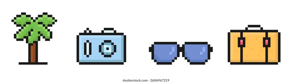 summer travel pixel set of icons, vintage, 8 bit, 80s, 90s games, computer arcade game items, palm tree, camera, sunglasses, baggage, suitcase, vector illustration