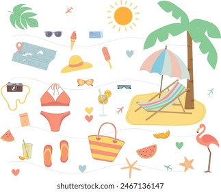 summer travel planning. beach holiday. airplane tickets. swimsuit and handbag, flip-flops for the pool, sun lounger on the sand under a palm tree. vacation with love