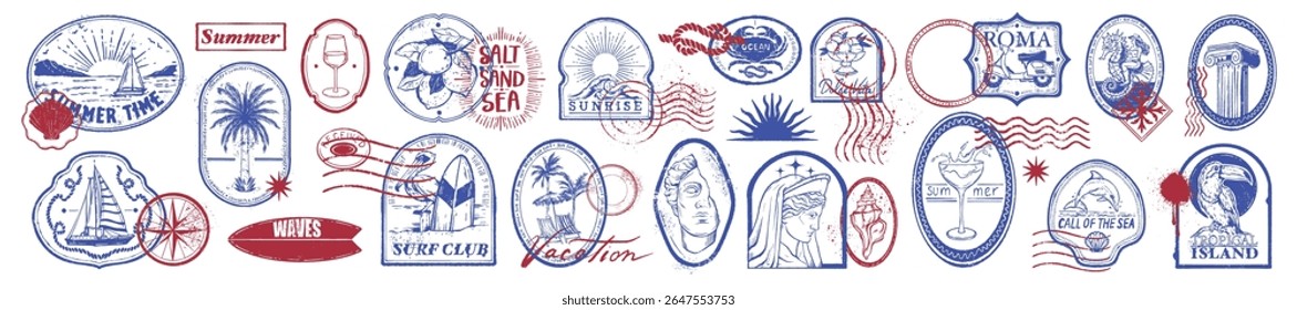 Verão viagem selo postal conjunto, vetor mão desenhada gravura tropical exótica impressão, tipografia do oceano. Projeto de férias da praia postal, logotipo costeiro da Itália, adesivo de turismo. Carimbo de verão de tinta vintage