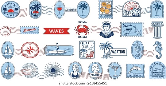 Conjunto de sellos postales de viaje de verano, Vector dibujado a mano grabado exótico