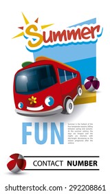 Summer travel postcard graphics, van beach background