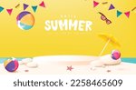 Summer travel poster banner display podium with sand and summer beach scene design background