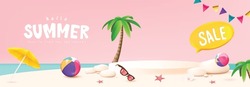 Summer Travel Poster Banner Display Podium With Sand And Summer Beach Scene Design Background