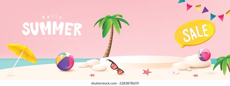 Summer travel poster banner display podium with sand and summer beach scene design background - Shutterstock ID 2283878659