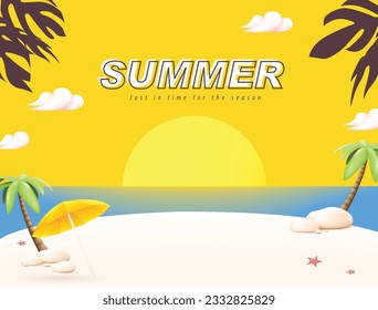 Summer travel poster banner with sand and summer beach sunset scene design background