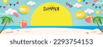 Summer travel poster banner with sun set and summer beach scene design background