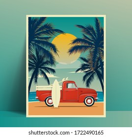 Summer travel poster design with vintage surfing red truck on the beach with surfboard in the trunk and second surf board leaned to the car body and palms silhouettes at sunset. Vector illustration