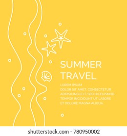 Summer travel poster in a linear style. Vector illustration on a yellow background.