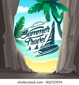 Summer travel poster. Vector illustration. Summer holiday background beach with a palm tree, sand and sun