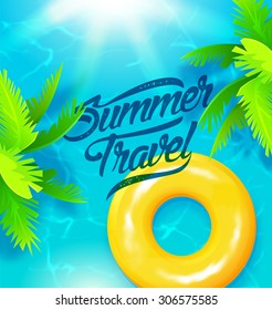 Summer travel poster. Vector illustration. Summer holiday background beach with a palm tree, sand and sun
