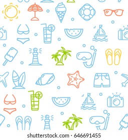 Summer Travel Recreation Holiday Color Pattern Background witch Outline Icons for Your Business. Vector illustration