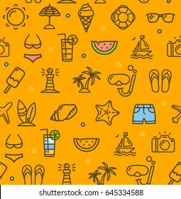 Summer Travel Recreation Holiday Pattern Background on a Yellow witch Outline Icons Symbol of Tourism, Vacation. Vector illustration