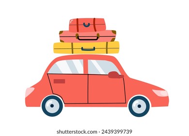 Summer travel red car with luggage on top - illustration isolated. Vector illustration can used for summer vacation banner, sale label, greeting card, poster. 