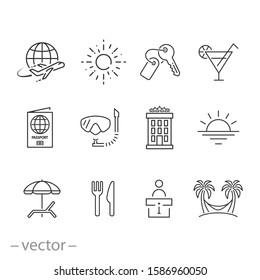 Summer travel and relax icon set, traveling signs, tourism and vacation, thin line web symbols on white background - editable stroke vector illustration