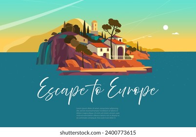 Verano, viaje y resort.Turismo de viajes a Europa. paisaje de una pequeña ciudad europea típica de la costa rocosa del océano para un fondo, afiche o portada de carteles vectores de costa Viajes. Estilo plano.