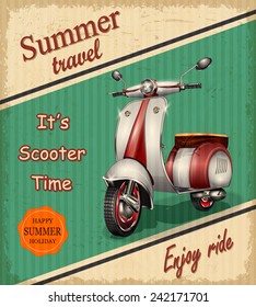 Summer travel retro poster with  scooter.