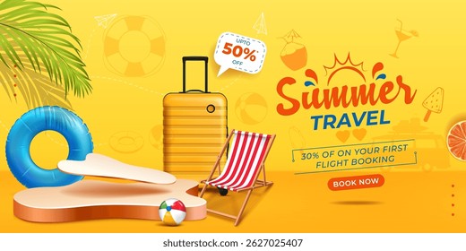 summer travel sale banner design on yellow background with illustration of summer elements