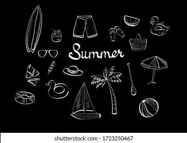Summer, travel, sea, boat  vector design elements on black background . Concept for logo, cards, icon