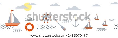 Summer travel sea concept vector seamless horizontal long background with ship or yacht, seagull and waves, paddle, anchor and steering wheel.
