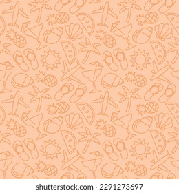 summer travel seamless pattern with airplane, palm tree, pineapple, shell, sun, watermelon, fruit, flip flops and cocktail outline icons- vector illustration