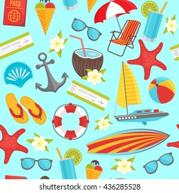 Summer travel seamless pattern with anchor boarding pass ship drink passport on pale blue background vector illustration