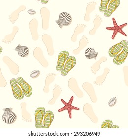 Summer travel seamless pattern. Footprints on sand. Vector background