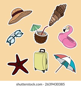Summer travel set collections with different elements icon stickers. Hand drawn outline summer vibe set. Summer time tropical elements