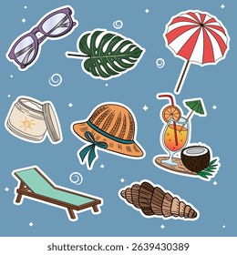 Summer travel set collections with different elements icon stickers. Hand drawn outline summer vibe set. Summer time tropical elements