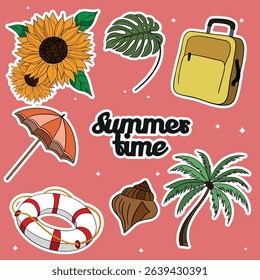 Summer travel set collections with different elements icon stickers. Hand drawn outline summer vibe set. Summer time tropical elements
